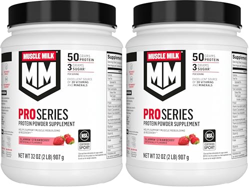 Image of Muscle Milk Pro Series Protein Powder Supplement, Slammin' Strawberry, 2 Pound, 11 Servings, 50g Protein, 3g Sugar, 20 Vitamins & Minerals, NSF Certified for Sport, Packaging May Vary (Pack of 2)