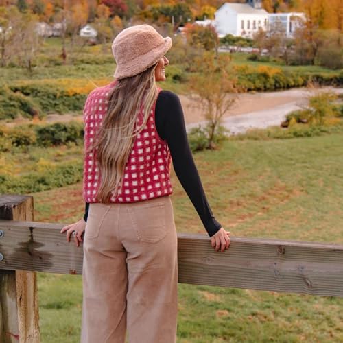 Womens Checkered Sherpa Vest Sleeveless Winter Fleece Jacket High Neck Zip Up Plaid Gilet with Chest Pocket2