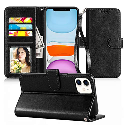 Innge phone Case for iPhone 11 (6.1 inch),for iPhone 11 Wallet Case with [Kickstand][Credit Card Slots],Wrist Strap PU Leather Flip Wallet Phone Case Cover for Girls Women/men,Black