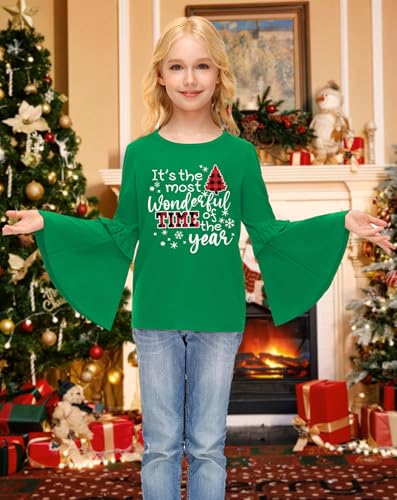 Image of BesserBay Girls Christmas Long Bell Sleeve Ruffle Tunic Top 4-12 Years