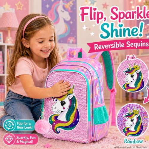 Image of CCJPX 16 inch Unicorn Backpack for Girls, 3Pcs Kids Sequin Bookbag with Lunch Box, Water Resistant Elementary School Bag for Kindergarten Preschool Toddler (Pink)