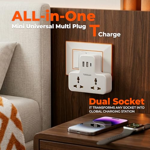 Image of TESSAN Universal Travel Adapter, 15W USB-C GaN Fast Charging, 2 AC Outlets, 2 USB-A Ports, Universal Socket, 3-Pin Plug, Surge Protection, Compatible with 6A Appliances, Space-Saving Design