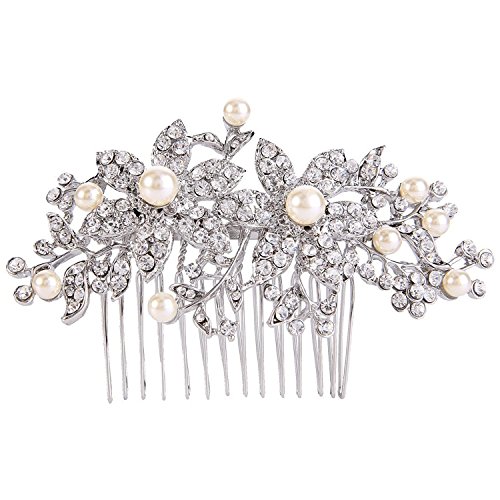 EVER FAITH Wedding Bridal Accessories Austrian Crystal Cream Simulated Pearl Graceful Redbud Flower Hair Comb Clear Silver-Tone