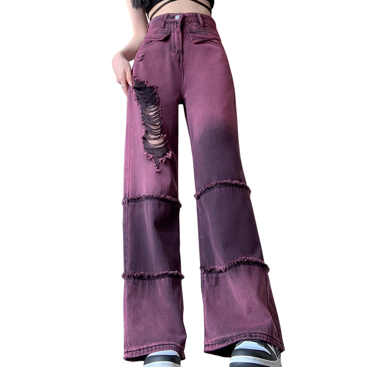 kakarin choyx Gothic Fashion Women's Jeans Y2K Casual Vintage High Waist Straight Raw Edge Spliced Ripped Denim Pants