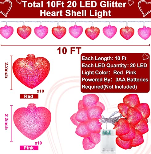 Turnmeon Valentine's Day Glitter Heart Lights Decorations, 10 Ft 20 Led 3D Red Pink Hearts String Lights Battery Operated Valentines Day Decor For Indoor Outdoor Home Bedroom Party Wedding Anniversary #TOP1