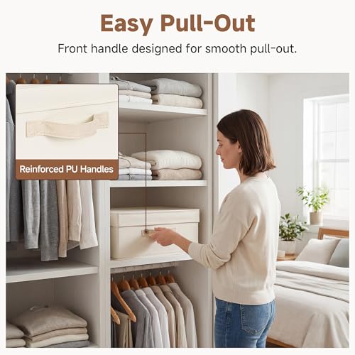 Image of StorageWorks Storage Bins with Lid, Decorative Fabric Storage Bins with Handles, Stackable Closet Organizers for Shelves and Bedroom, Small, Beige(Cotton Linen), 2-Pack