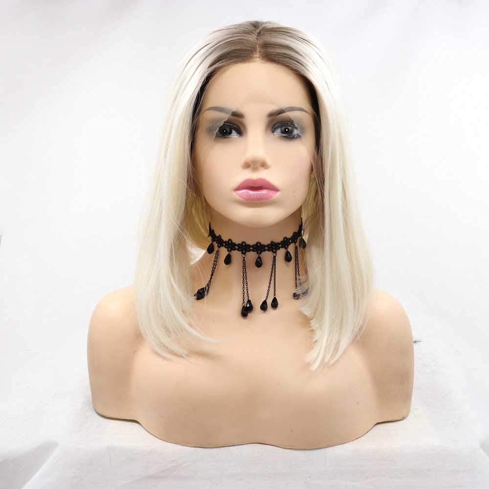Melody Blonde Ombre Lace Front Wig With Dark Roots Mixed 2tone Short Bob Brown Gold Synthetic Lace Front Wigs For Women Hairstyle Heat Resistant Fiber Hair 14 Inch …