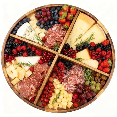 Utoplike Extra Large Acacia Wooden Serving Tray, Charcuterie Board with Removable Dividers for Food Serving, 360° Rotating Round Platters, Cheese Board Large for Dinner Party (60cm)