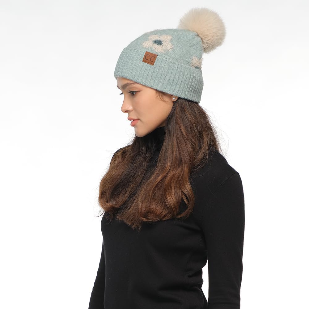 C.C Southwest Pattern Pom Beanie for Women Unisex - Stretchable Soft Warm with Faux Fur Pom Knit Winter Skully Hat