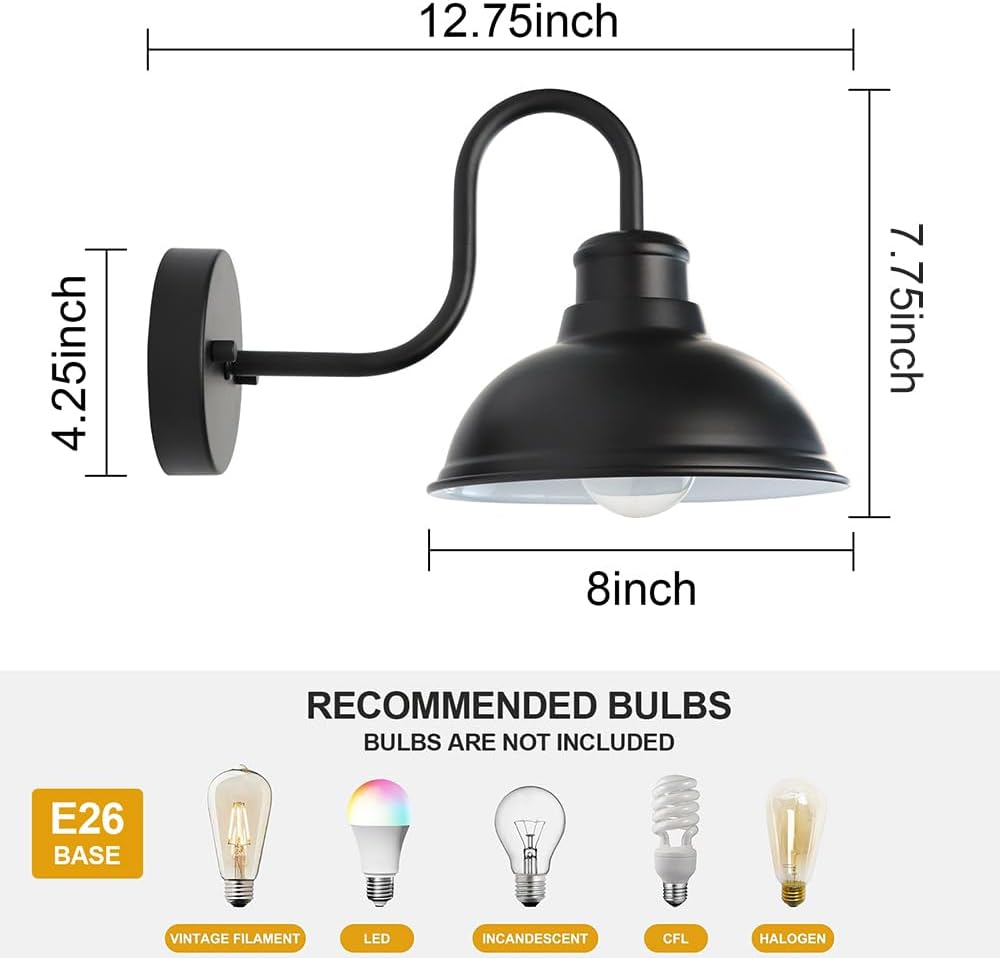 Outdoor Gooseneck Barn Light Fixture, 8 Inch Farmhouse Exterior Vintage Wall Mount Lighting, Anti-Rust Waterproof Industrial Matte Black Outside Wall Sconces for House Porch Patio Garage Yard
