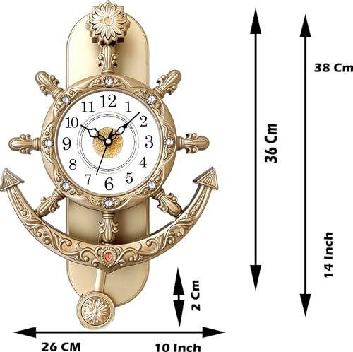 Image of New Rajwadi Analog Stylish Wall Pendulum Clock for Home Living Room Hall Bedroom 38 x 26 Cm Golden Wall Clock