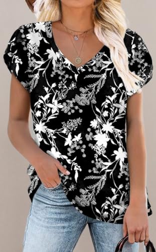 Image of CATHY 2026 Women Tops Summer Short Sleeve Tunic V Neck T-Shirts Loose Casual Floral Blouse S-4XL