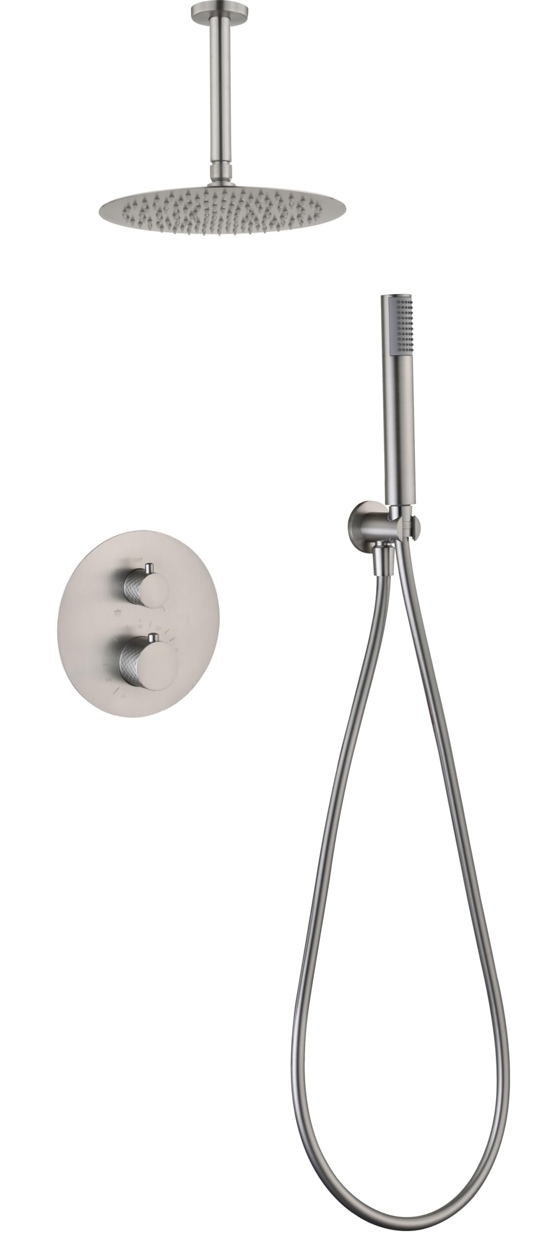 IMEX - Ducha Empotrada Techo Termostática Níquel | Conjunto Empotrado de Grifería con Alcachofa y Rociador Antical Efecto Lluvia | Ducha Empotrada con Grifo en Latón y Acero Inox S.304