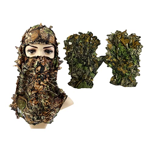 mengger 3D Guanti mimetici da caccia con foglie mimetiche Maschera Mimetica Passamontagna Mimetico a Foglia Facemask Copricapo