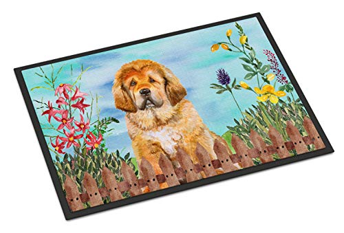 Caroline's Treasures CK1283MAT Tibetan Mastiff Spring Doormat 18x27 Front Door Mat Indoor Outdoor Rugs for Entryway, Non Slip Washable Low Pile, 18H X 27W