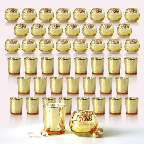 48pcs Assorted Gold Votive Candle Holders Bulk for Table Centerpieces Mercury Glass Candle Holder for Tea Lights Wedding Decorations Christmas/Diwali Decorations for Home Gold Party Supplies