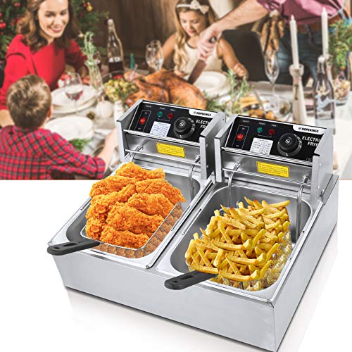12 Liter Capacity 3600 Watt Electric Deep Fryer Stainless-Steel Countertop Turkey Chips Fryers With Removable Dual Tank & Baskets, Easy to Clean for Commercial or Home