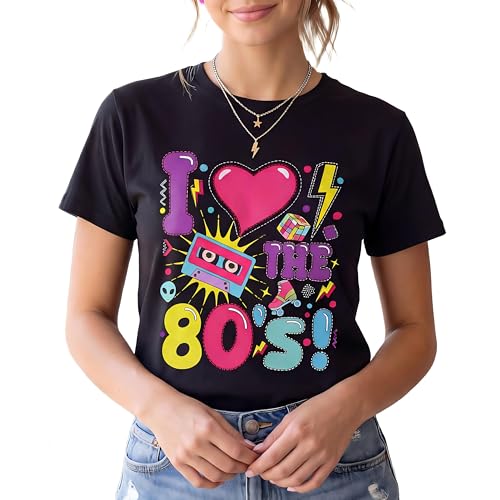DINSAGE 80s T Shirts Women I Love THE 80s Retro Ladies T Shirt 80s Fancy Dress Party Costume Outfits Tops (L Love)
