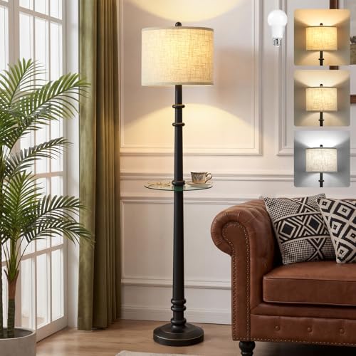 Image of EJIAXIN Floor Lamps for Living Room - 60 inch Farmhouse Floor Lamp with Adjustable Color Temperatures - Vintage Standing Lamp Reading Light - Retro Tall Lamp with Table for Bedroom Office, Rustic Black