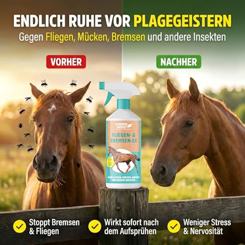 Green Hero Bremsen & Fliegenspray Pferd 500 ml | Sofortschutz gegen Bremsen, Fliegen, Mücken, Kriebelmücken & Hirschlausfliegen | Bremsenspray als Insektenschutz für Pferde