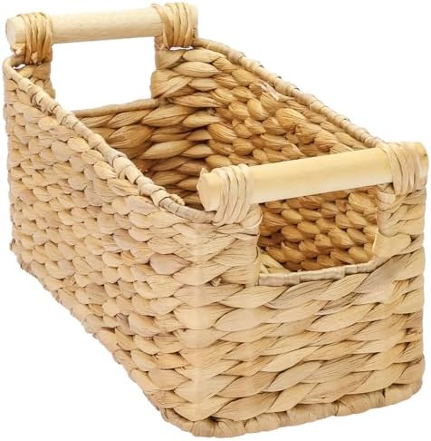 HMF Cesta de almacenaje trenzada de jacinto de agua, cesta con asas de madera para baño, cocina y salón, 30 x 15 x 13 cm