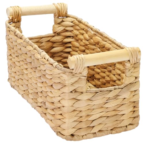 HMF cesta de almacenamiento para baño, cesta trenzada de jacinto de agua con asas de madera | 30 x 15 x 13 cm