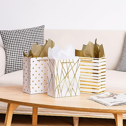 Nihuecne 9\" Gift Bags Medium Size with Tissue Paper, 4 Pack White Gold Wrap Paper Gift Bags with Handles for Shopping Parties Wedding Baby Shower Holiday Presents 4 Designs
