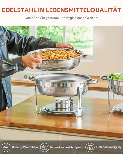 Wilprep 2er Set Rund Chafing Dish Set 5L Speisenwärmer Edelstahl Buffet Wärmebehälter Suppenwärmer Bain Marie Speisen Warmhaltebehälter für Restaurants, Buffets, Schulen – Bild 6