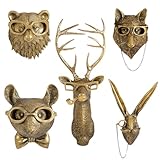 HWHDJ 5pcs Animal Heads Wall Decor, Faux Deer Head Mount, Animal Sculptures Wall Decor, Resin Animal Head Wall Hanging Decoration for Living Room Bedroom Kitchen Gift, SLX566