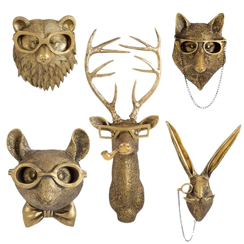 HWHDJ 5pcs Animal Heads Wall Decor, Faux Deer Head Mount, Animal Sculptures Wall Decor, Resin Animal Head Wall Hanging Decoration for Living Room Bedroom Kitchen Gift, SLX566