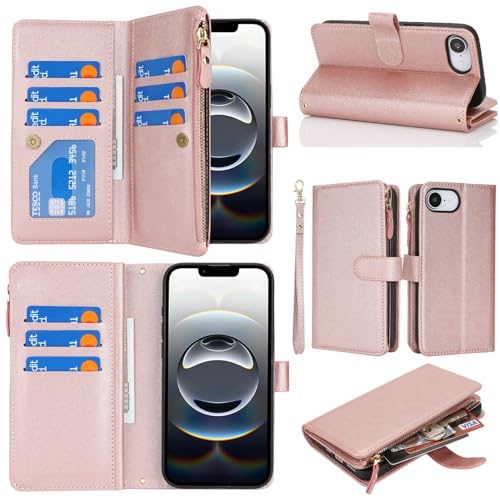 Jaorty Wallet Case for iPhone 16e/17e with Wrist Strap,6.1",Rosegold