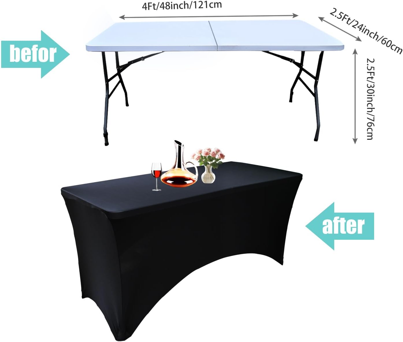 4 Pack - Elegant Black Stretch Spandex Table Cover (48Lx24Wx30H Inches), Non-Iron Fitted Tablecloth for 4-Foot Rectangular Folding Tables -Ideal for Banquets, Weddings & Festivals