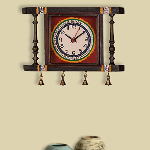 Image of ExclusiveLane Warli Hand-Painted Living Room Bedroom Stylish Decorative Teak Wood Wall Clock (30.2 cm x 6.1 cm x 25.1 cm, Natural Dark Brown and Red), Abstract