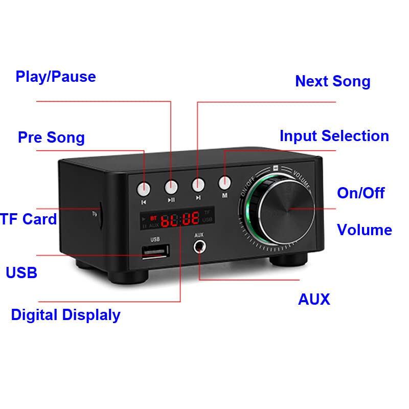 Amplificatore Hi-Fi， Amplificatore audio 68W+68W Infineon MA12070 Bluetooth 5.0 Amplificatore di potenza audio digitale Classe D USB AUX TF Home Theater HiFi Stereo Mini(Black Amplifier)