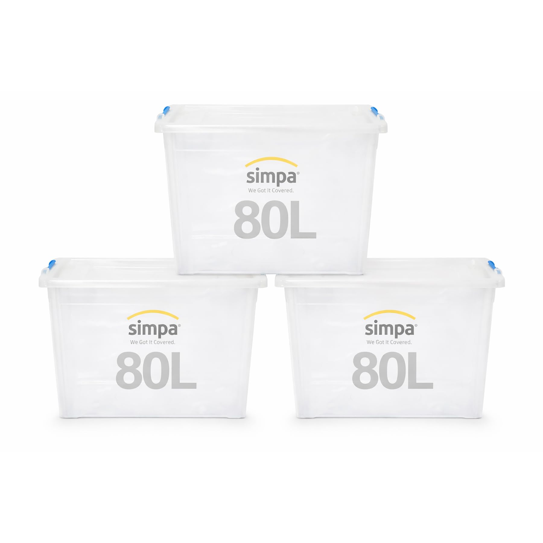 simpa 80 Litre 80L Stackable Plastic Storage Box with Clear Click Lock Closure Lid - 39cm (H) x 58cm (L) x 40cm (W) - Set of 3