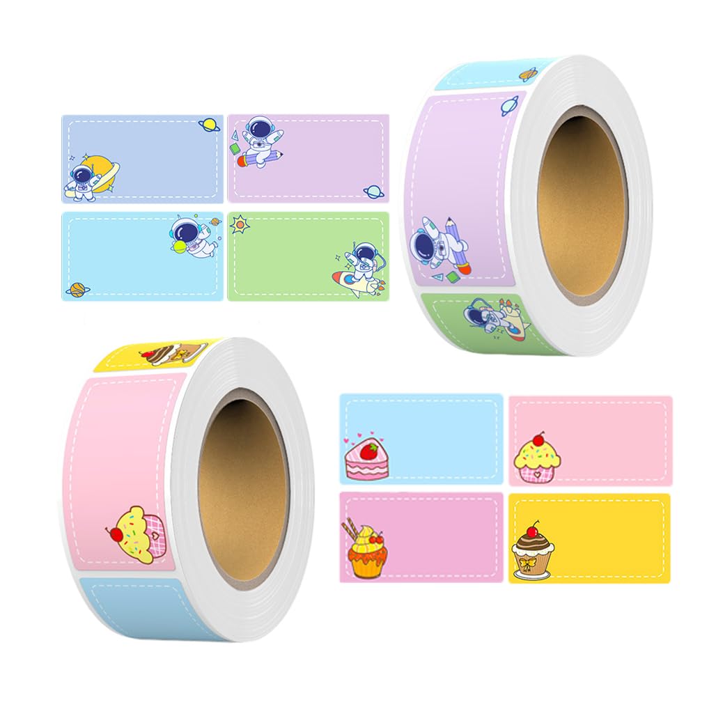 Goodern 2Roll 560PCS Name Tag Sticker Cute Animal Name Adhesive Labels Black to School Name Stickers Cartoon Name Label Stickers Dinosaur Rabbit Astronaut Panda Design Waterproof Labels for Kids-B