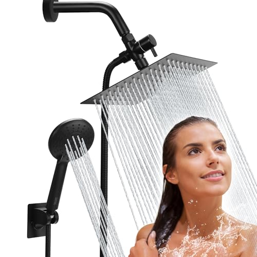 Regadera negra con manguera, acero inoxidable 8 pulg
