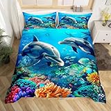 Dolphin Bedding Set Ocean Marine Themed Comforter Cover for Kids Boys Girls Teens Sea Creatures Duvet Cover Breathable Hawaiian Sealife Blue Bedspread Cover Sea Animal Room Decor Quilt Cover Full