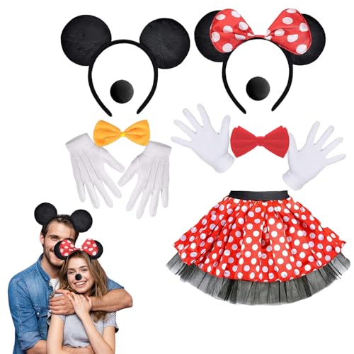Xiujuers Disfarce Minni Mouse para adultos, orelhas mini rato com luvas e Nariz, disfarce Micky Mouse mulher, rato costume senhoras, rato minni mouse disfarce mulher, carnaval disfarce rato mulher