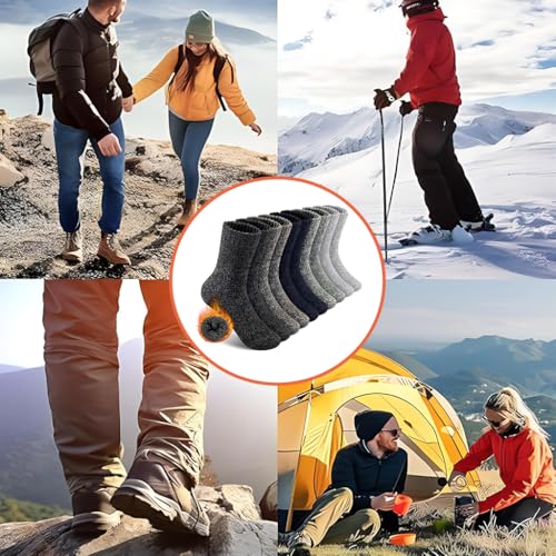 Image of Zibuyu 5 Pairs Mens Merino Wool Thermal Hiking Socks, Winter Socks for Men, Thick Winter Crew Socks with Cushion, Breathable Odor-Resistant Fabric, Durable and Warm for Outdoor & Indoor Use