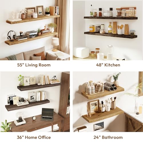 Image of Vivelove Live Edge Floating Shelves Solid Wood, Elm Shelves for Wall with Invisible Bracket for Living Room Bedroom Bathroom Office Book, Rustic Farmhouse Wooden Shelf, 40 Inch Set of 2- Walnut