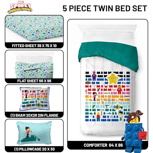 Image of Jay Franco Kids Comforter Set Includes Sheets and Pillow Covers - Soft and Cozy Bed Set for Stylish Room Decor, Official Licensed Bedding, White - LEGO, 5 Piece Twin