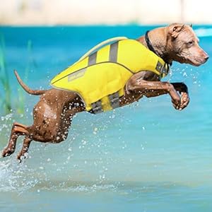 Zooland Dog Life Jacket with Reflective Stripes Adjustable High Visibility Dog Life Vest Ripstop Dog Lifesaver Pet Life Preserver with High Flotation Swimsuit for Large Dogs