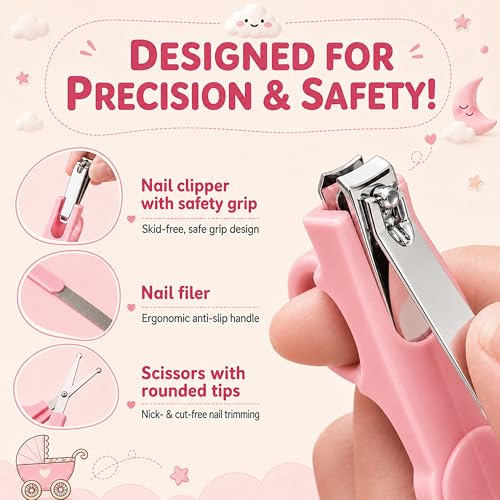 Image of StarAndDaisy baby grooming / care kit for new born baby , baby comb hair for new born Hair Brush, Comb,Baby Nail Scissor,Baby Nail Cutter,nail cutter safety holder, Nail Filer for Infants & Toddler (Care Kit-Pink)