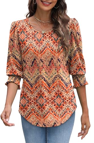 Image of XIEERDUO Blouses for Women Dressy Casual 3 /4 Length Sleeve Womens Tops with Smocked Cuffs