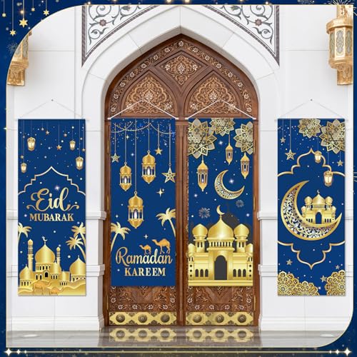 Panelee 4 Pcs Ramadan Mubarak Porch Sign Banners Blue Gold Eid Mubarak Decorations Muslim Ramadan Kareem Door Banner Backdrop for Home Doorway Indoor Outdoor Wall Hanging Decor