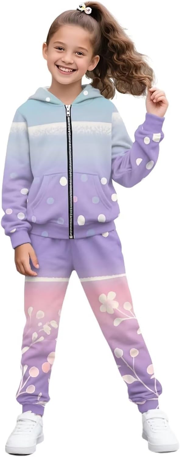 Girls Ice Cream 2 Piece Long Sleeve Hooded Sweatshirt Jogger Pants Set Fall Winter Tracksuit for Kids 6-15Y