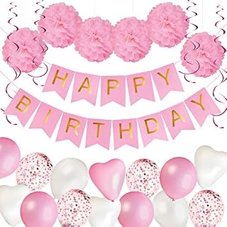 KUUBIA Girls Birthday Decorations | Pre-Assembled Happy Birthday Bunting Banner, Paper Pom Poms, Balloons | Pink Birthday Decoration | Birthday Banners for Girls and Women | Pink White Party Pack
