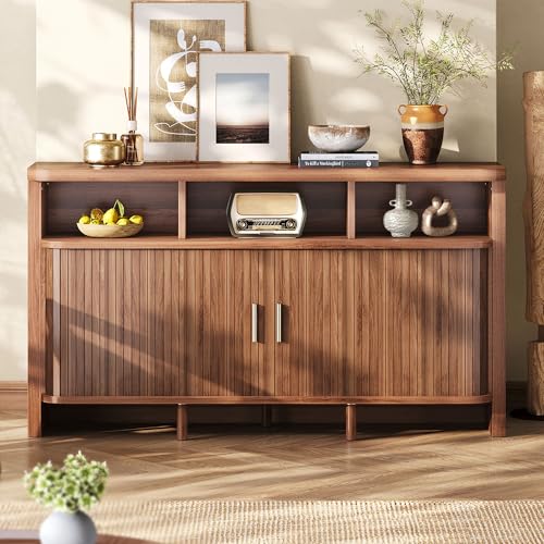 IRONCK 55\" Sideboard Buffet Cabinet with Storage, Fluted Credenza with Sliding Door & Open Shelf, Mid Century Modern Accent Coffee Bar Console Table for Kitchen, Living Room, Entryway, Walnut - Thumbnail 7