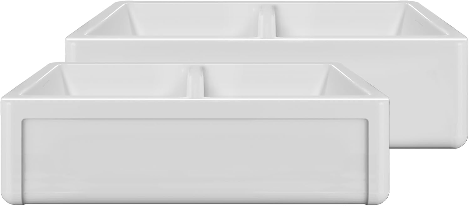 Whitehaus Collection 36" Reversible Double Bowl Fireclay Kitchen Sink with Grid Set: Three Edge Frame, Plain Front Apron